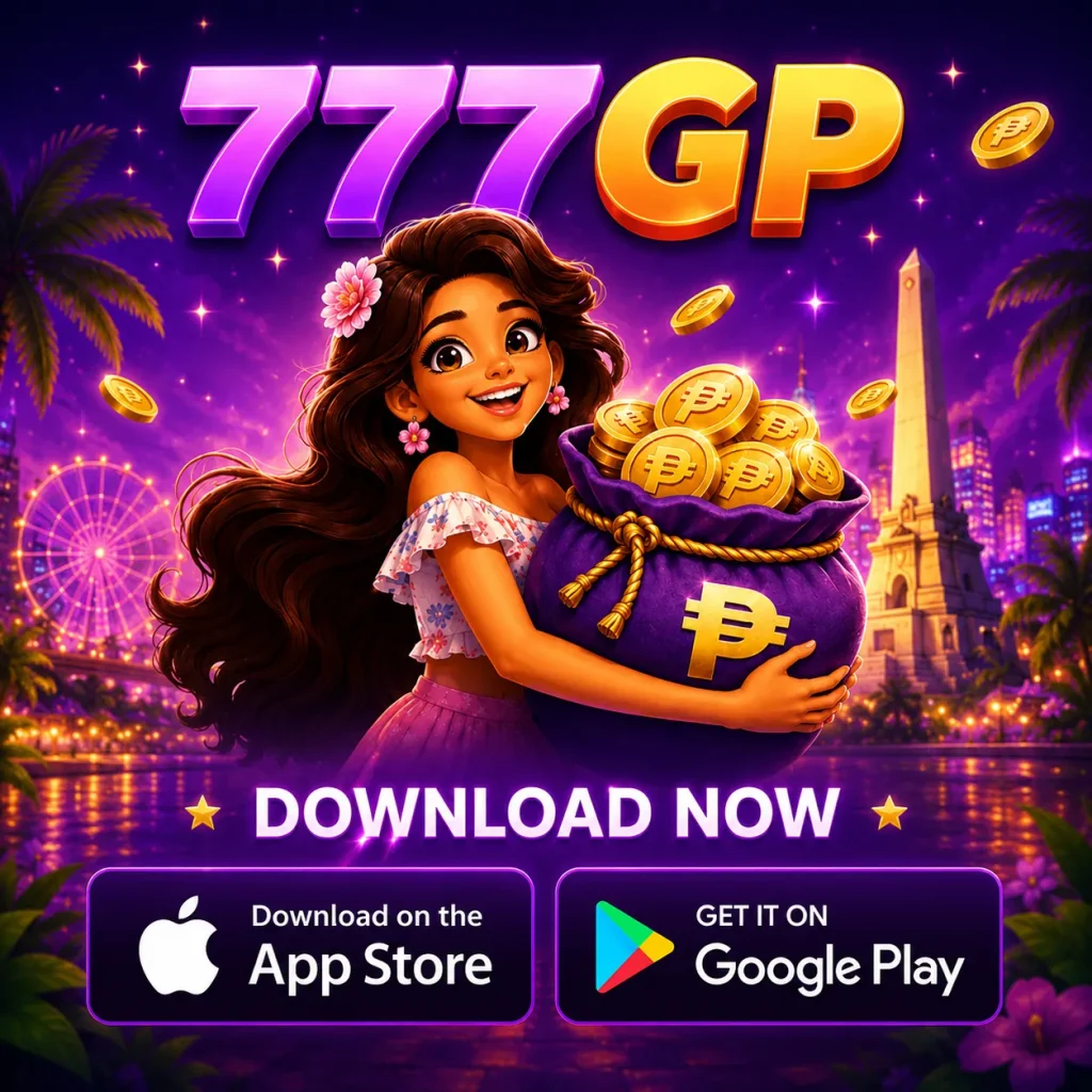 777GP mobile app download banner featuring App Store and Google Play download options with a colorful gaming-themed illustration.