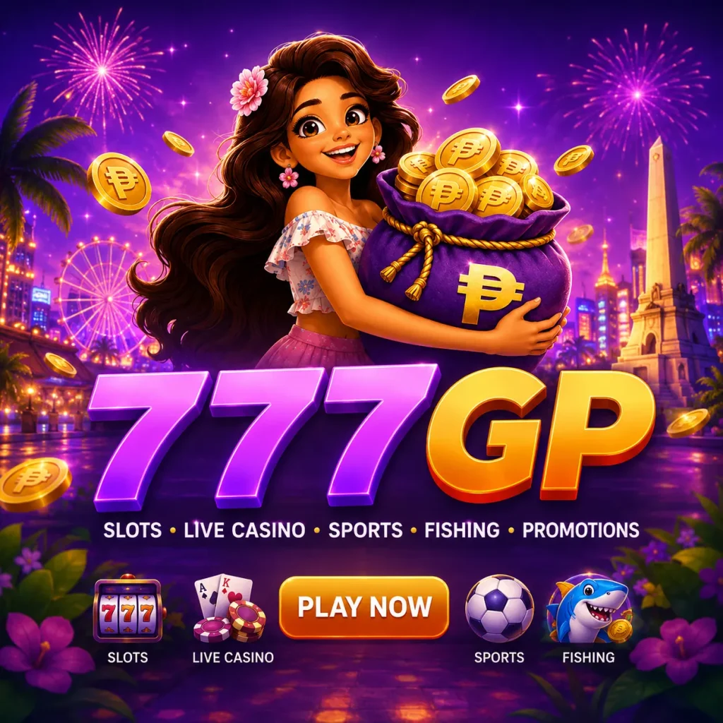 777GP gaming platform homepage hero banner featuring a cheerful character holding a bag of gold coins with colorful game-themed artwork.